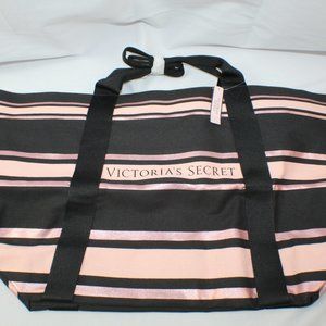Victoria`s Secret Expandable Tote Canvas Bag Striped Pink Black NEW NWT!